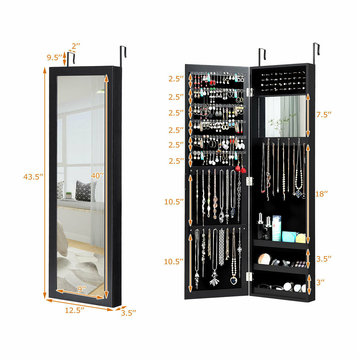 Full length mirror jewelry cabinet dimensions view with mirrored door and hanging earring hooks