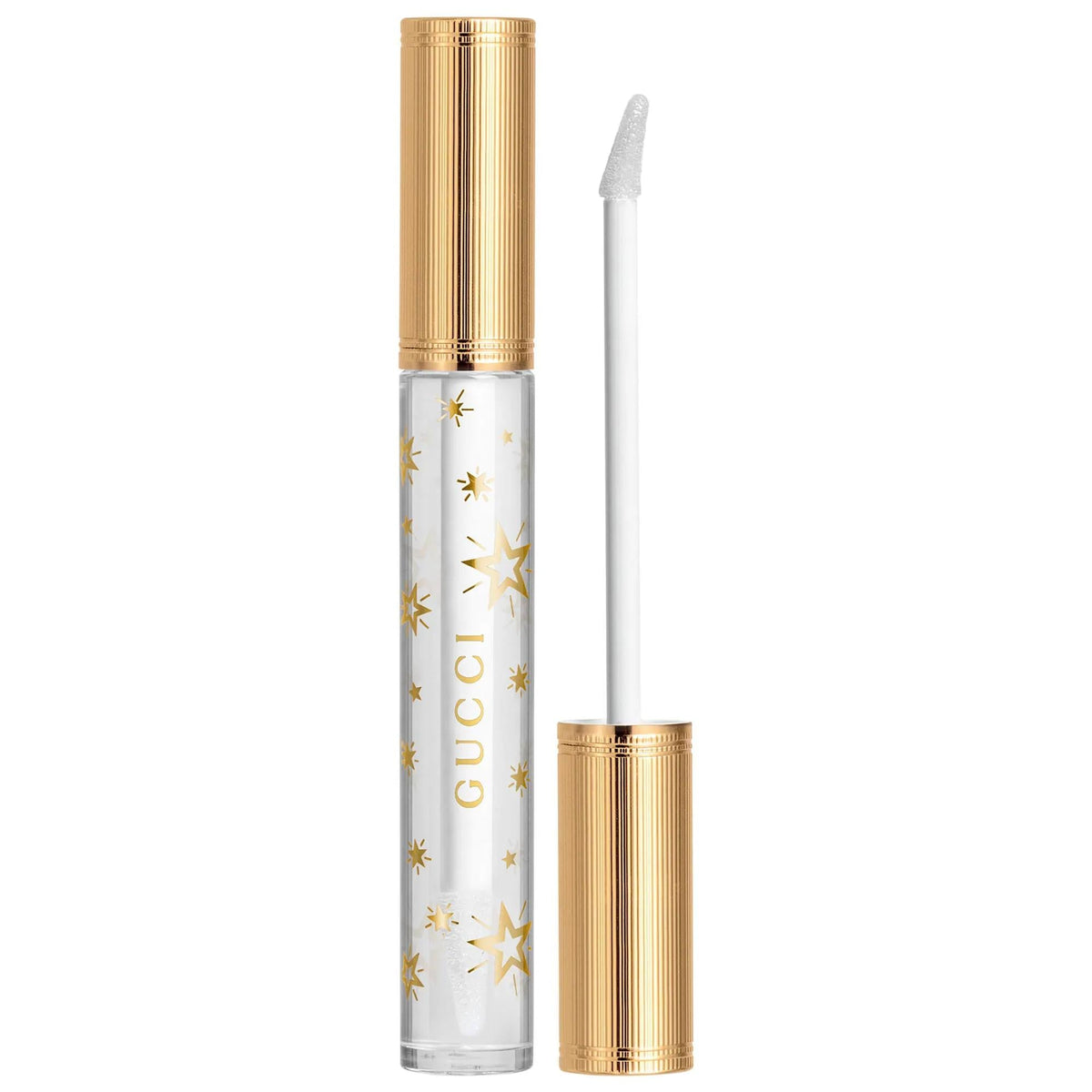 Gucci lip gloss with clear wand, gold ribbed cap, star-patterned bottle