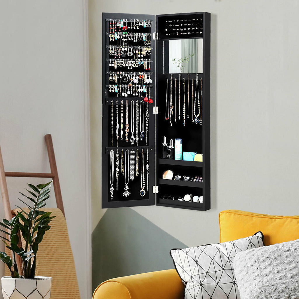 Full length mirror jewelry cabinet with ring slots, necklace hooks, and open storage shelves