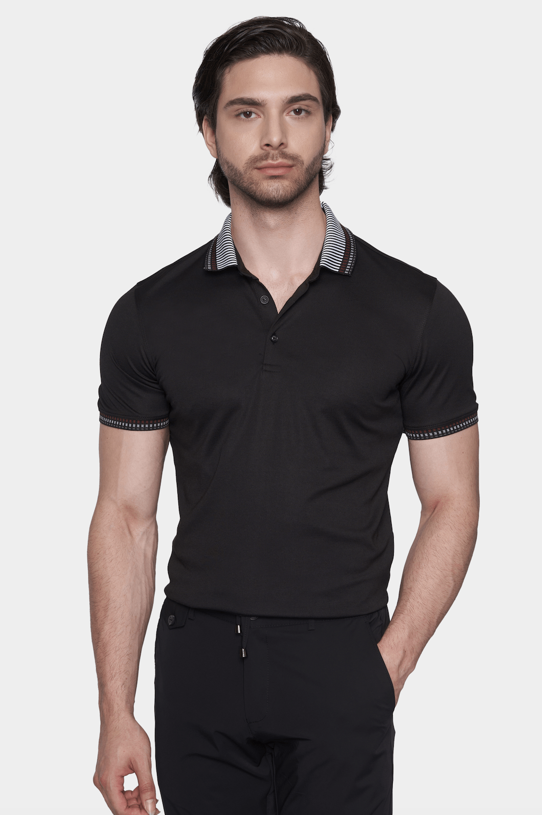 Men's cotton polo shirt in dark black with striped collar and button placket