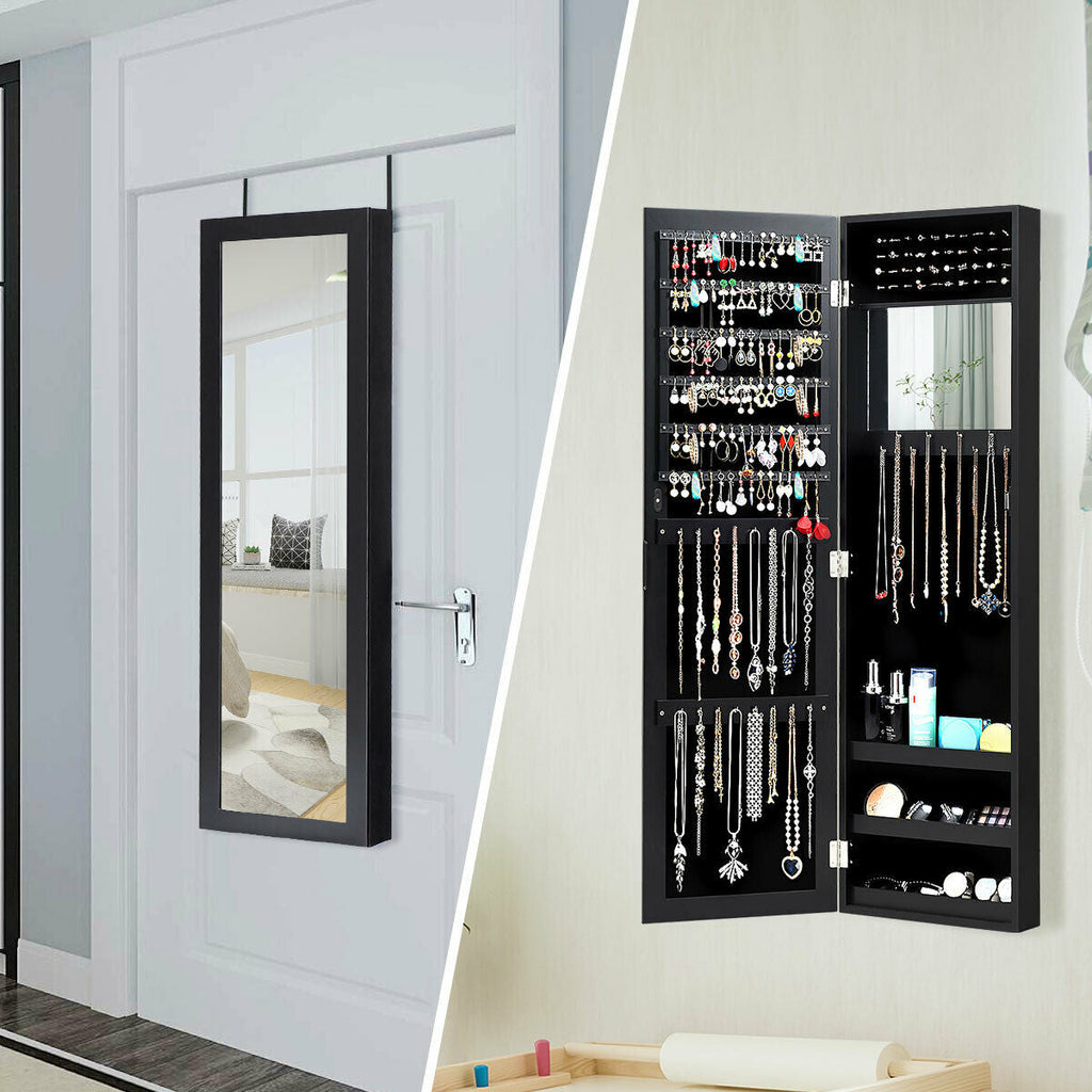 Full length mirror jewelry cabinet with black interior, necklace hooks, and display shelves