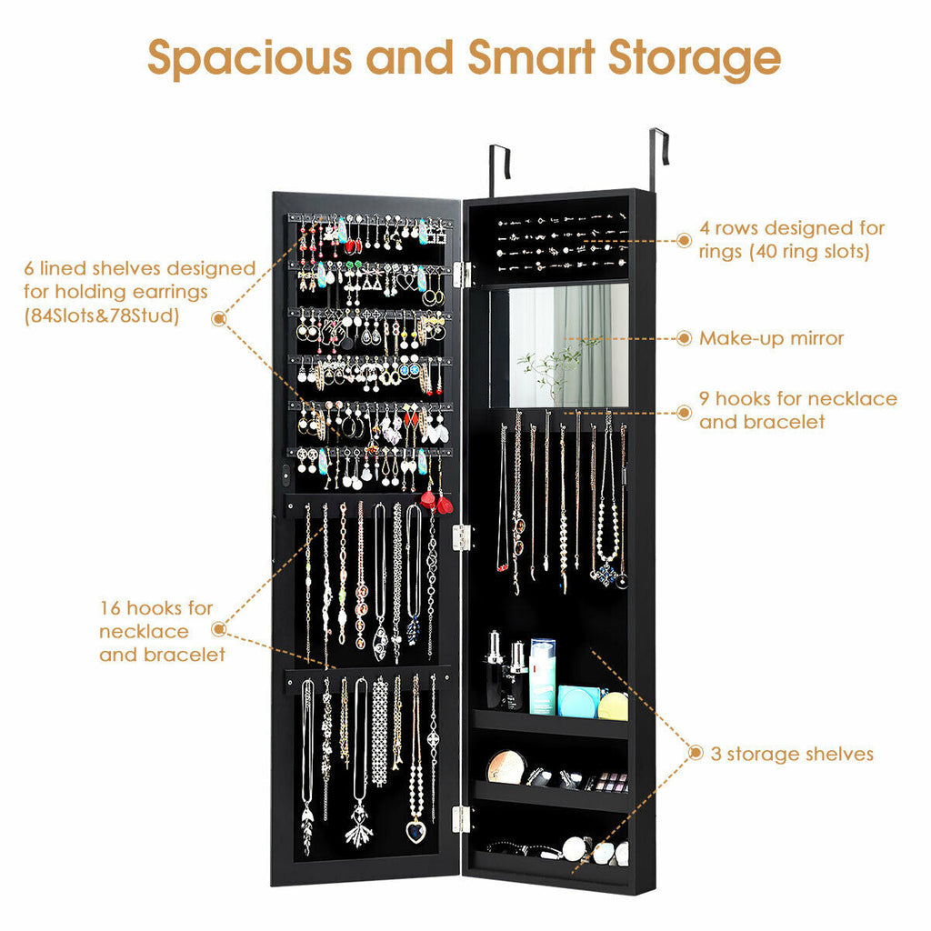 Full length mirror jewelry cabinet with ring slots, necklace hooks, and 3-tier storage shelves