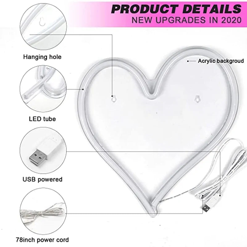 Heart neon sign diagram showing USB cable, hanging hole, and LED tube