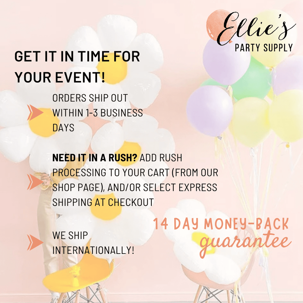 Ellie's Party Supply promotional graphic with balloons and shipping timing information
