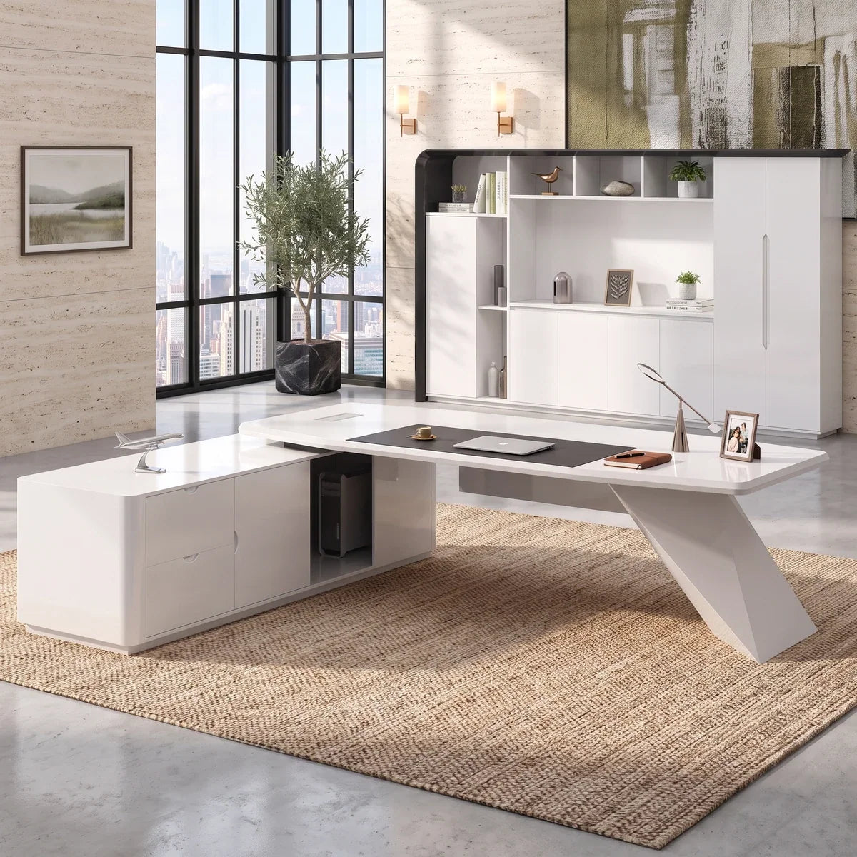 Glossy white L-shaped executive desk with return and storage shelves
