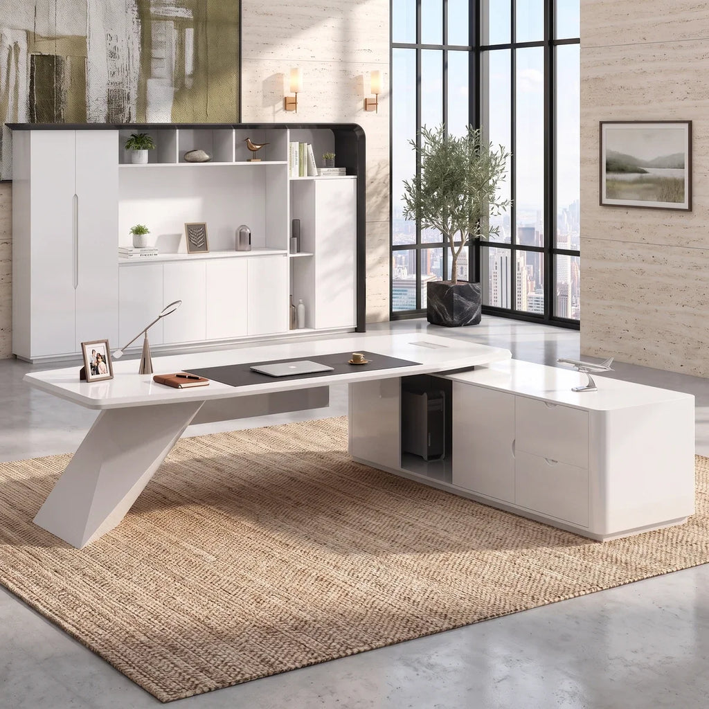 Glossy white L-shaped executive desk with return work surface and open shelving cabinet