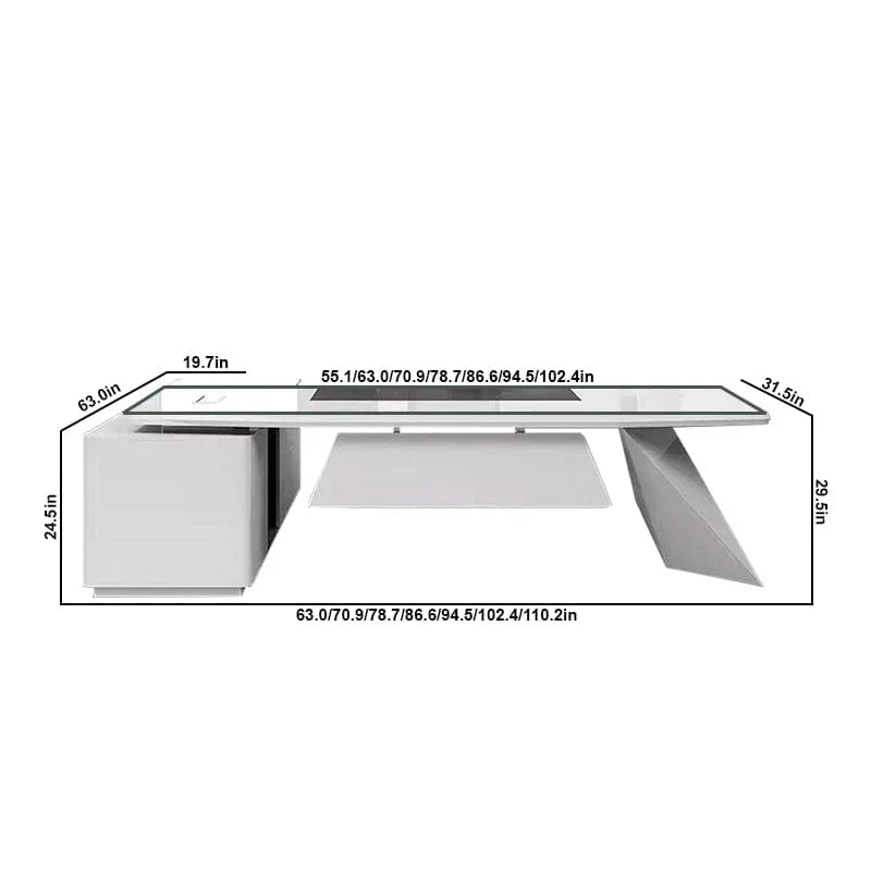 White L-shaped desk with dimension lines and measurement labels