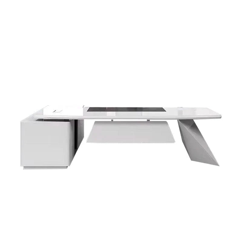 White L-shaped executive desk shown from the side with storage cabinet