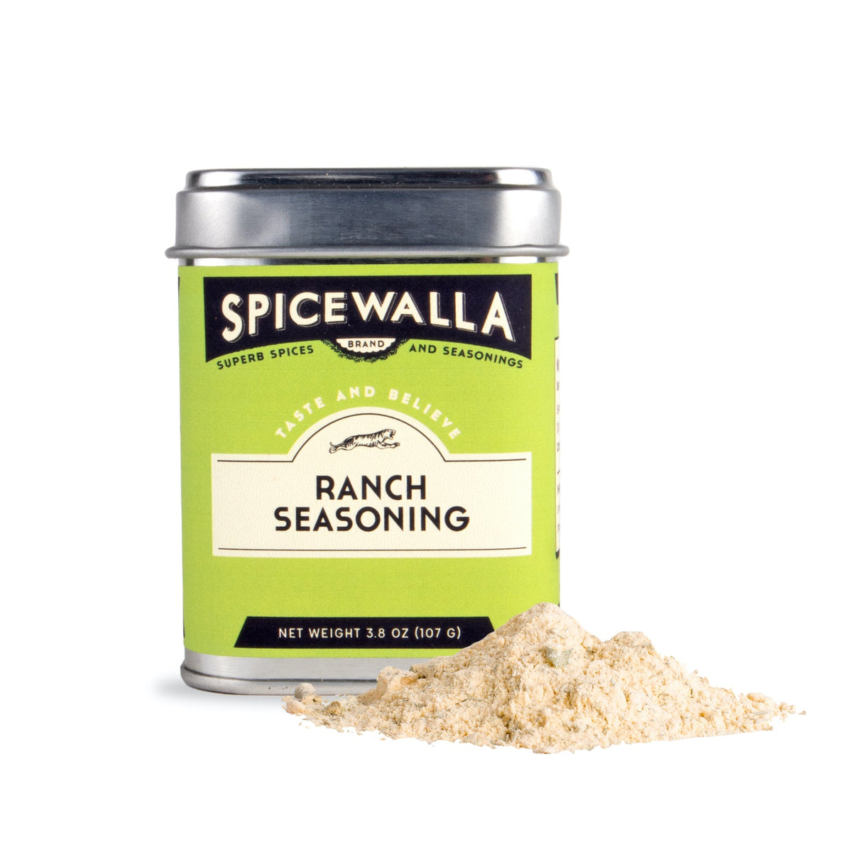 SPICEWALLA Ranch seasoning jar with silver lid and scattered seasoning powder.