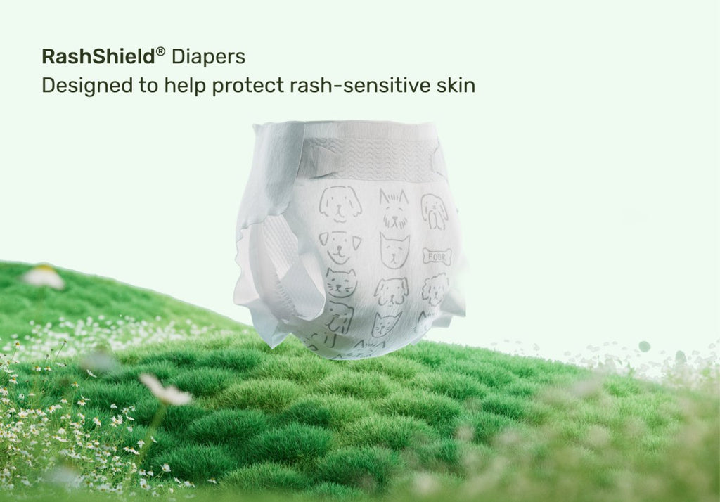 RashShield® diapers with animal print; designed to help protect rash-sensitive skin