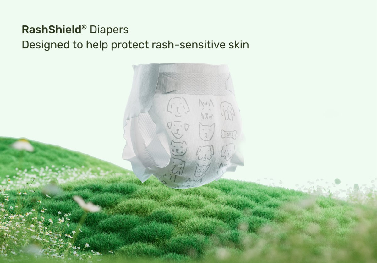 RashShield® diapers with animal print; designed to help protect rash-sensitive skin