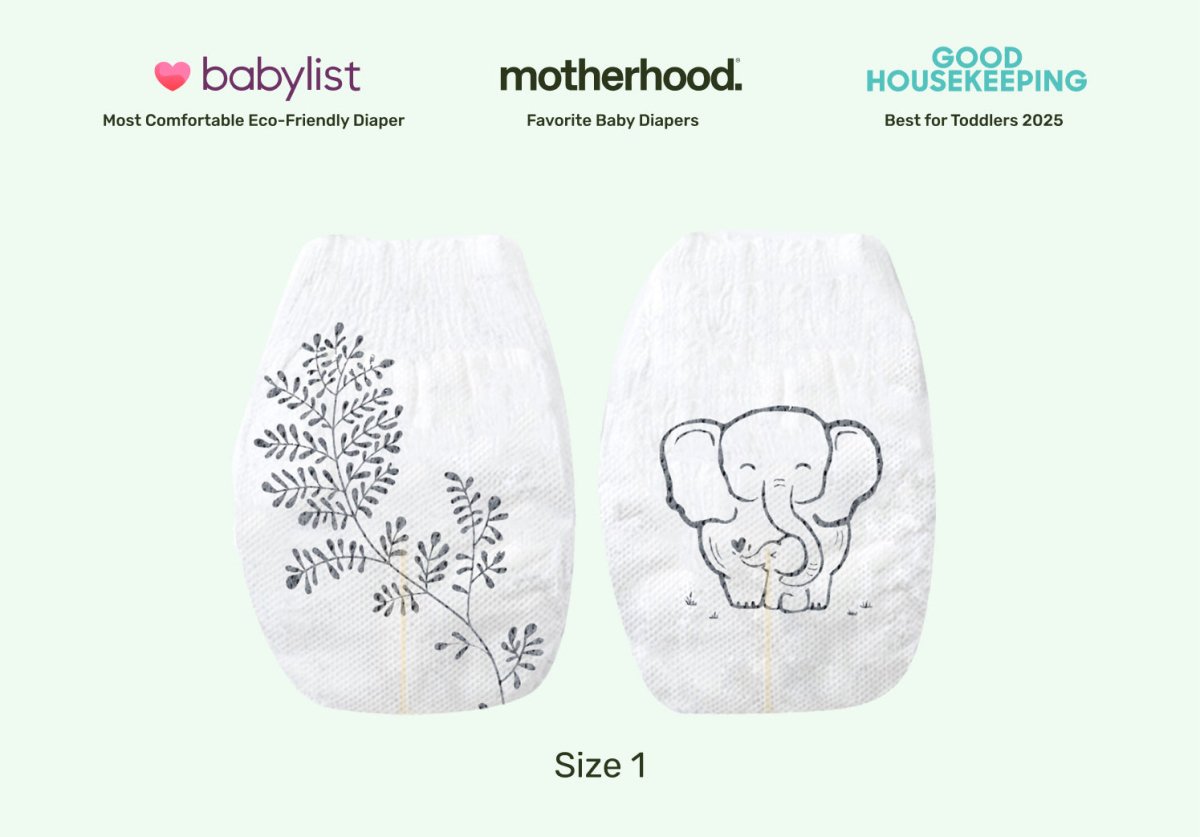 RashShield® diapers, Size 1—printed white diaper with tree and elephant designs