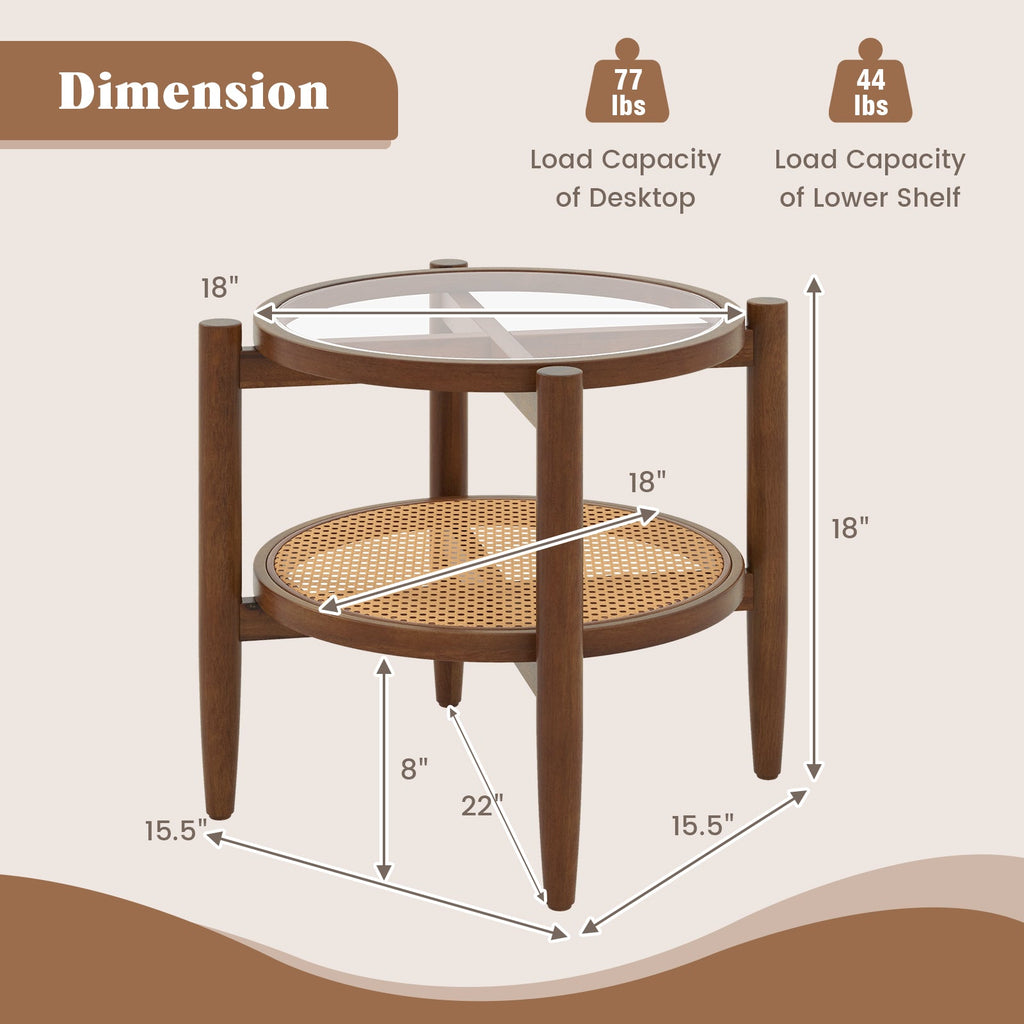 Round rattan end table with tempered glass top; dimension diagram for two-tier design