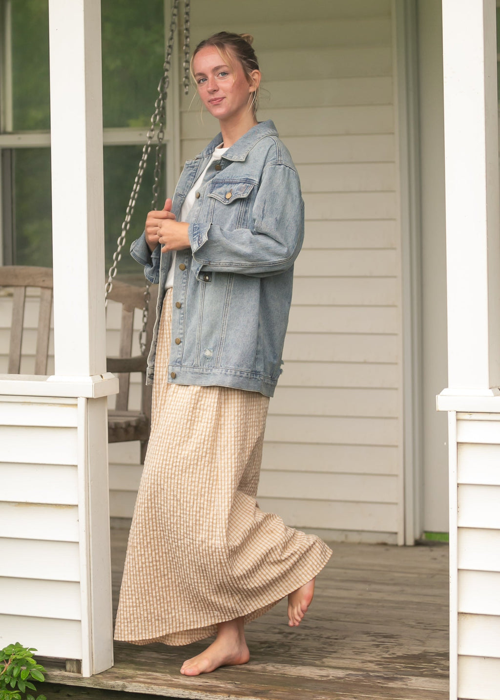 Gingham maxi skirt with gathered waist, orange-white check, long A-line drape