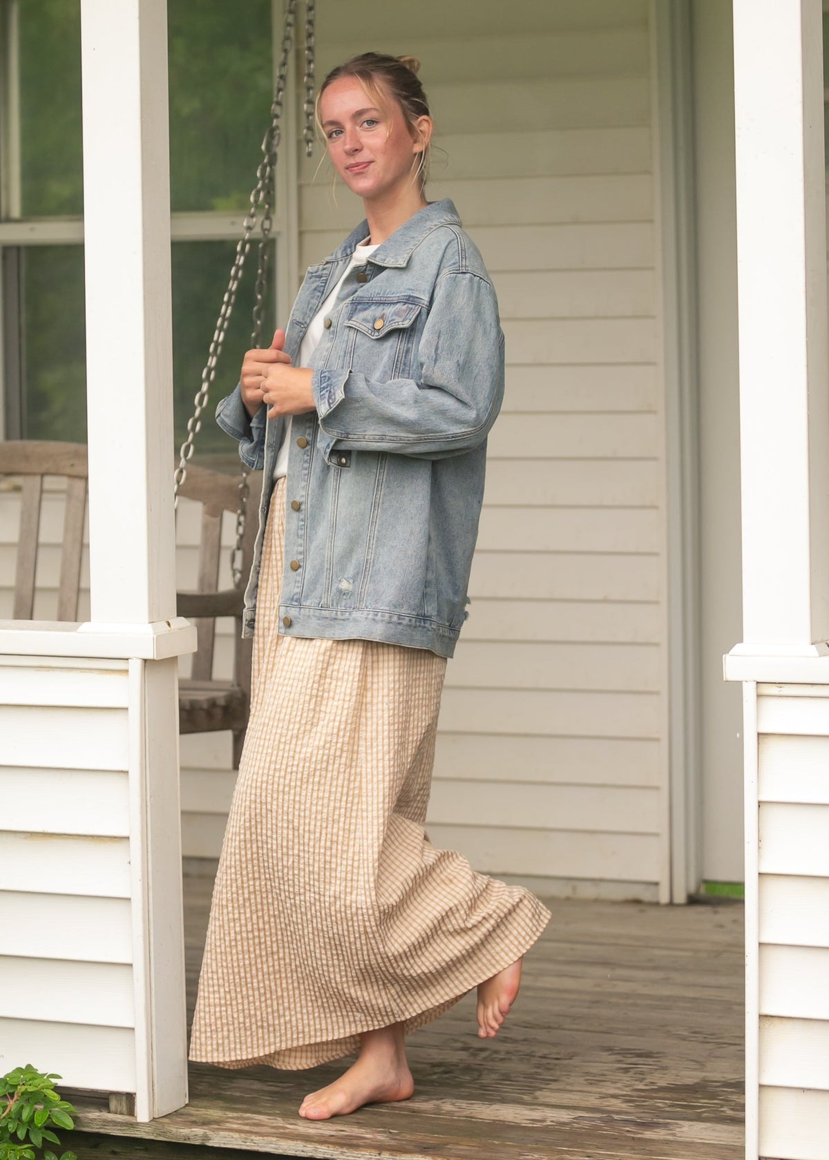 Gingham maxi skirt with gathered waist, orange-white check, long A-line drape