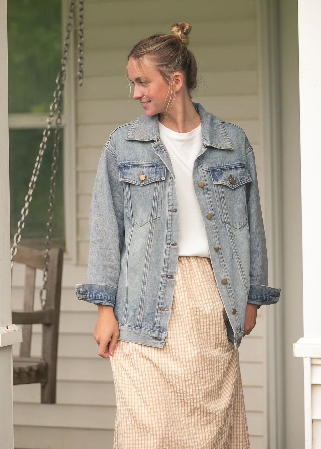 Gingham maxi skirt with gathered waist, orange-and-white small checks, flowing front