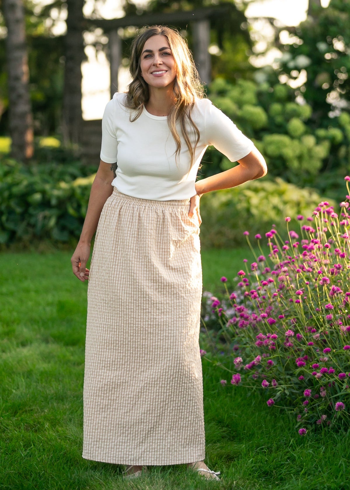 Rayne gingham maxi skirt, light yellow and white check, elastic waist, full length hem