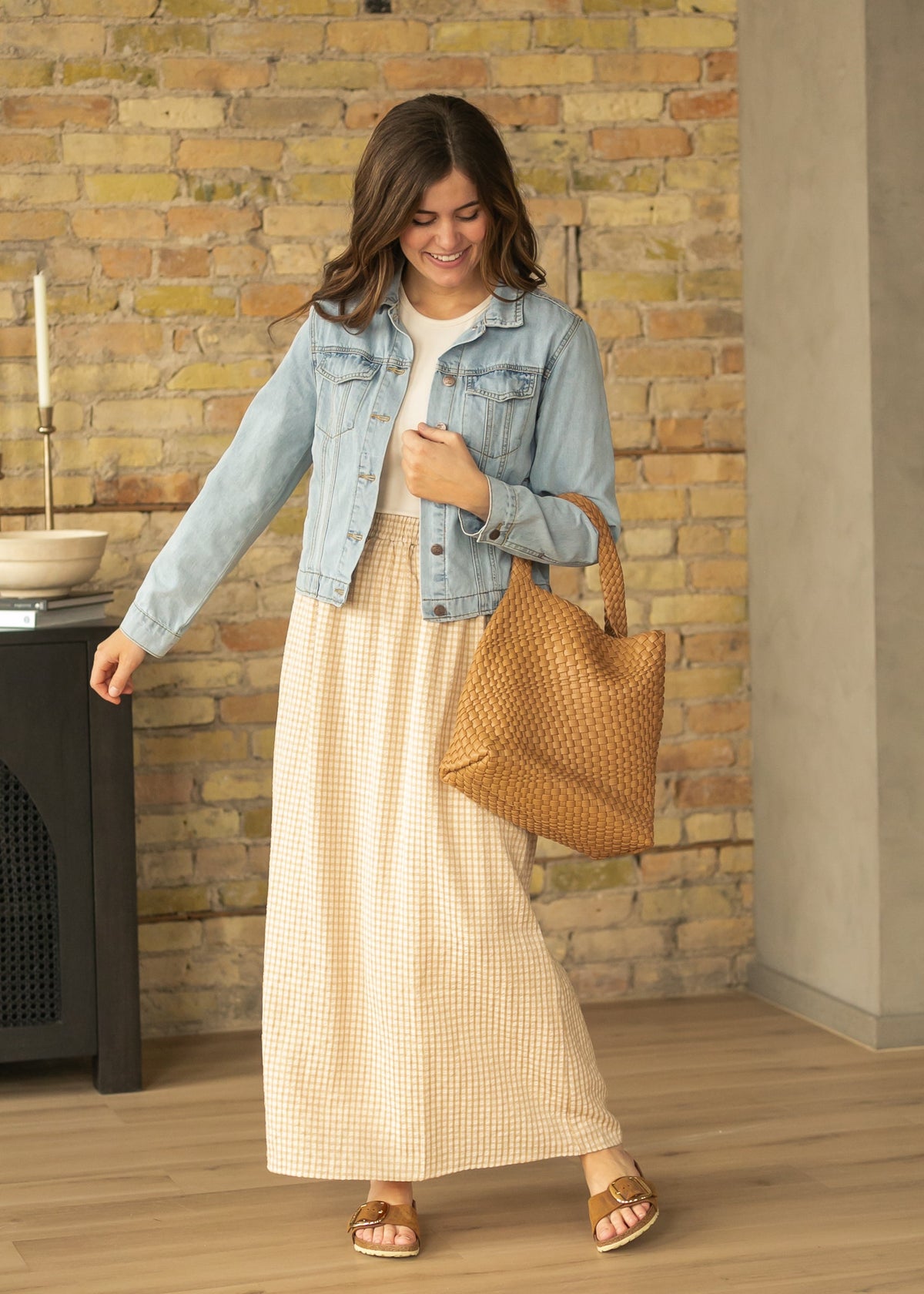 Cream and beige gingham maxi skirt with elastic waist and flowing straight hem