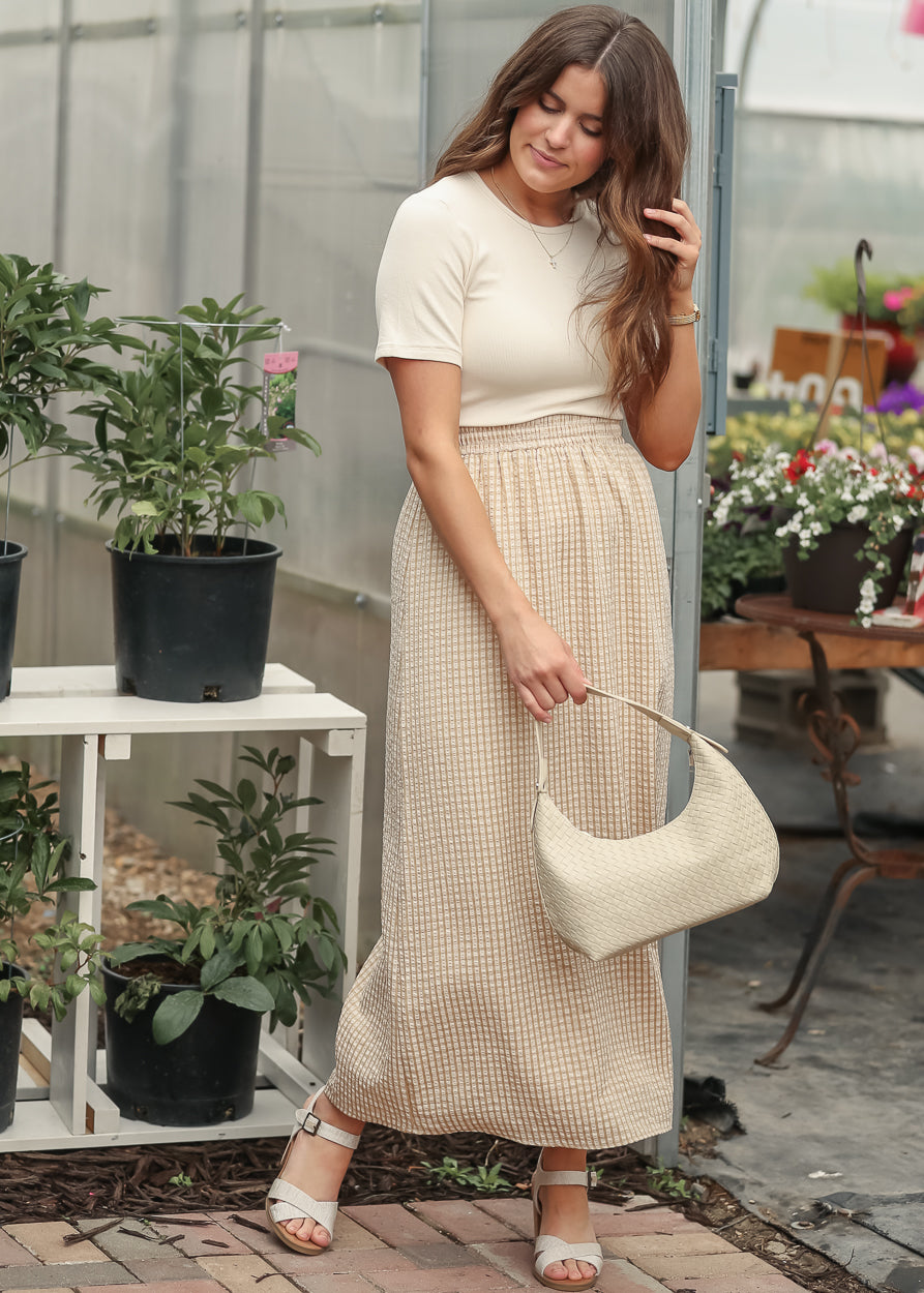 Rayne gingham maxi skirt, light yellow and white check, flowing fit to the ground