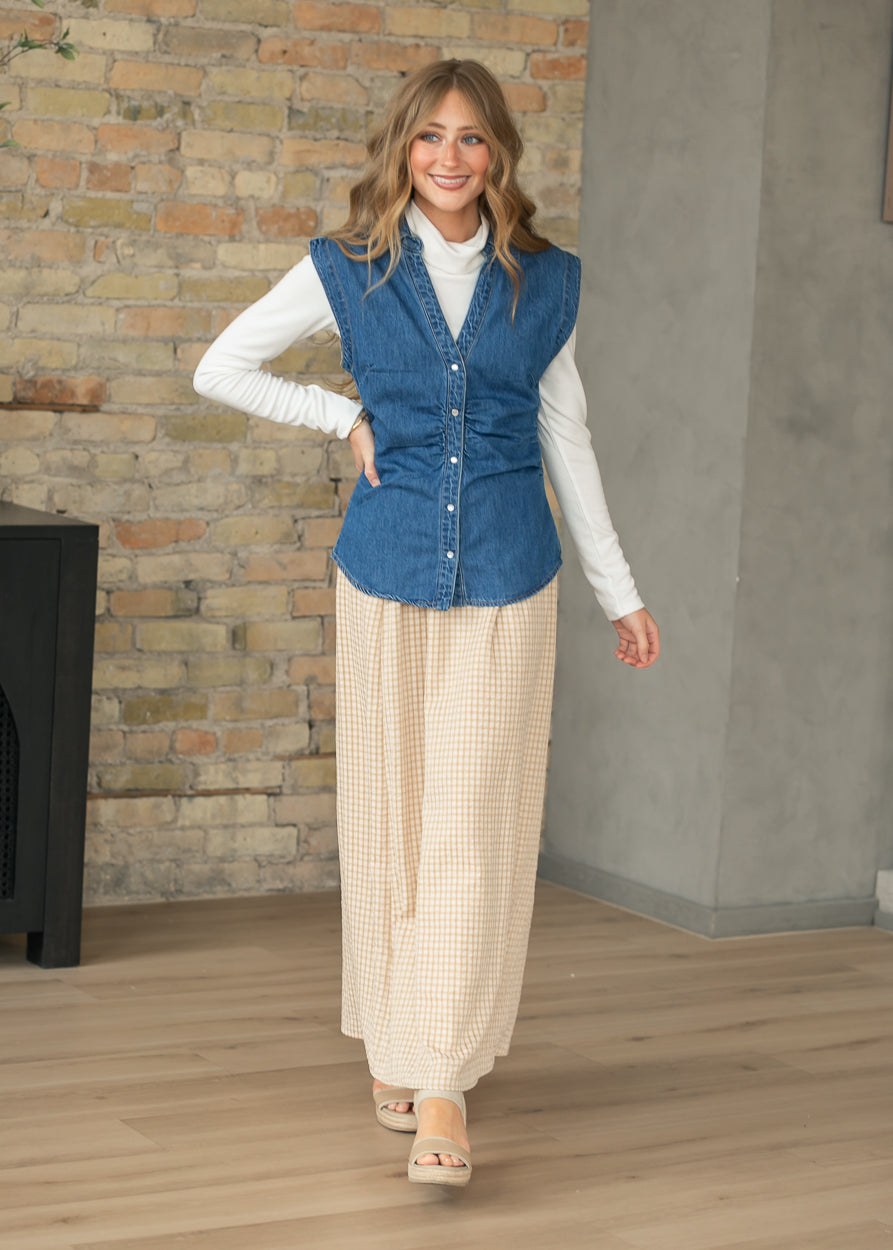 Rayne gingham maxi skirt with elastic waist, light yellow and white check, straight maxi length