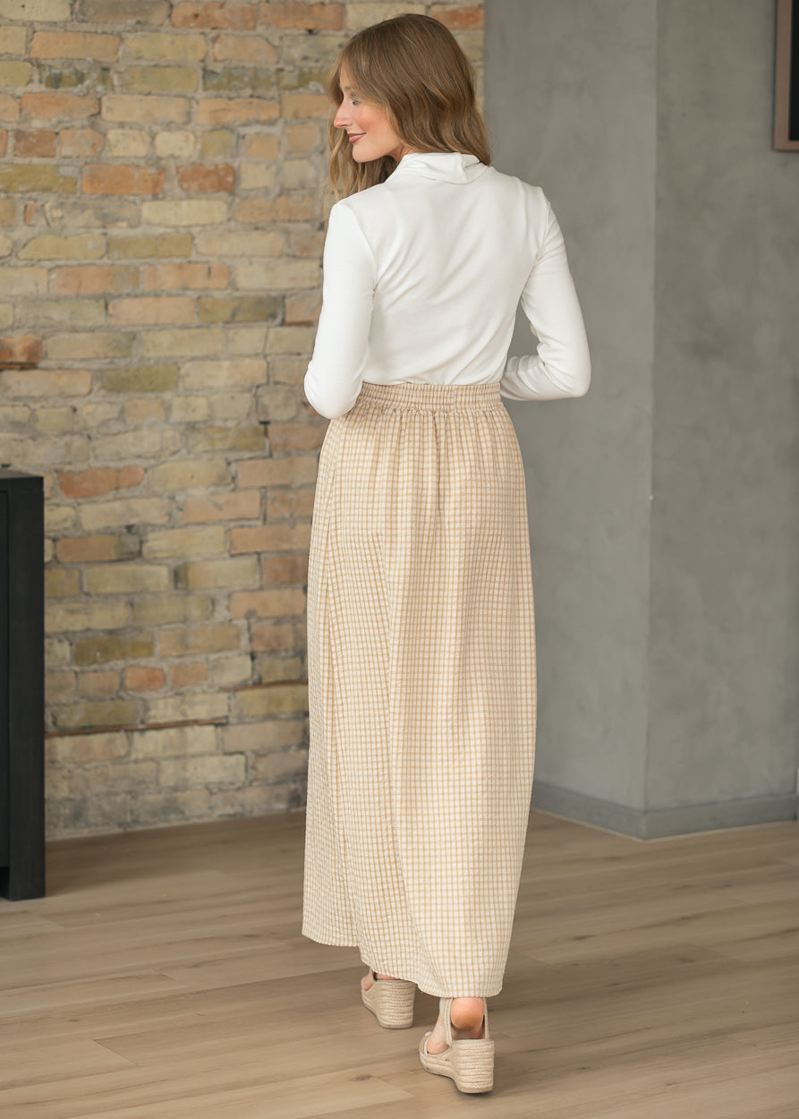 Rayne gingham maxi skirt viewed from back, light yellow and white check, elastic waistband