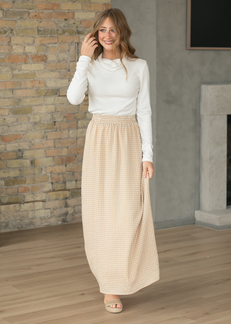 Rayne gingham maxi skirt with elastic waist, light yellow and white check, ankle-length