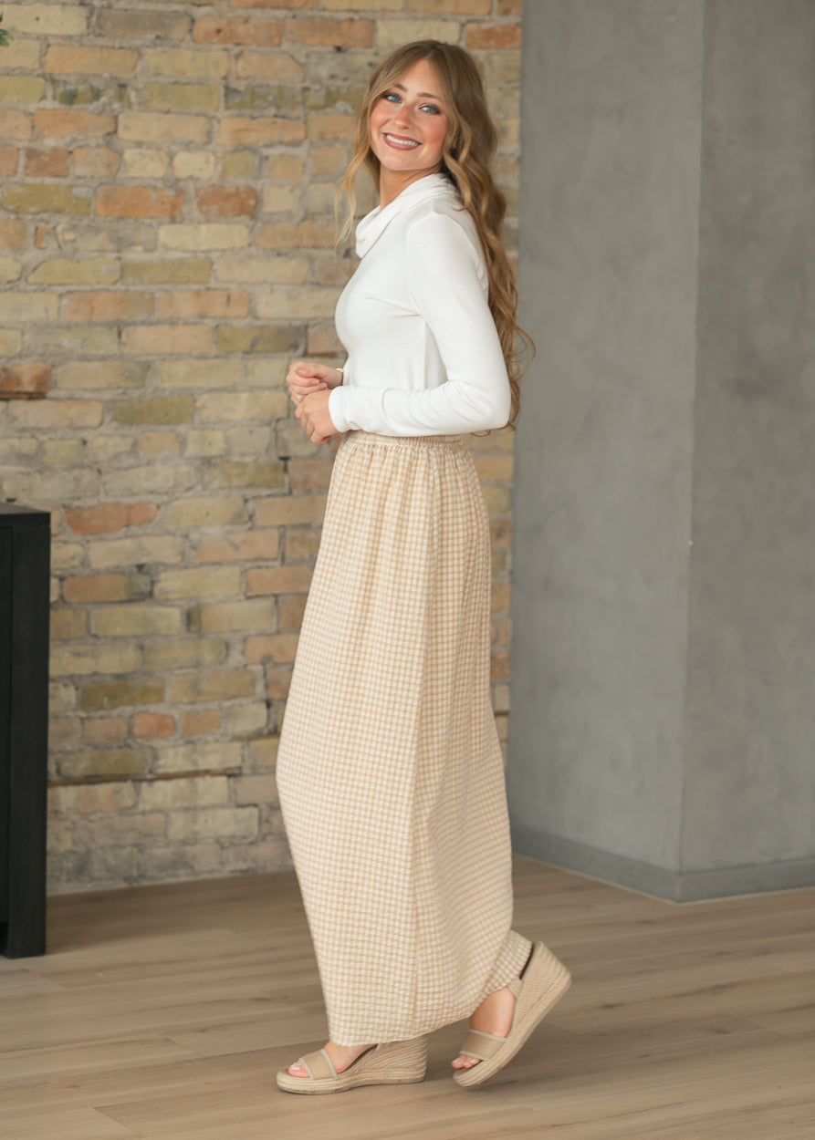 Rayne gingham maxi skirt, light yellow and white checked pattern, full length with elastic waist