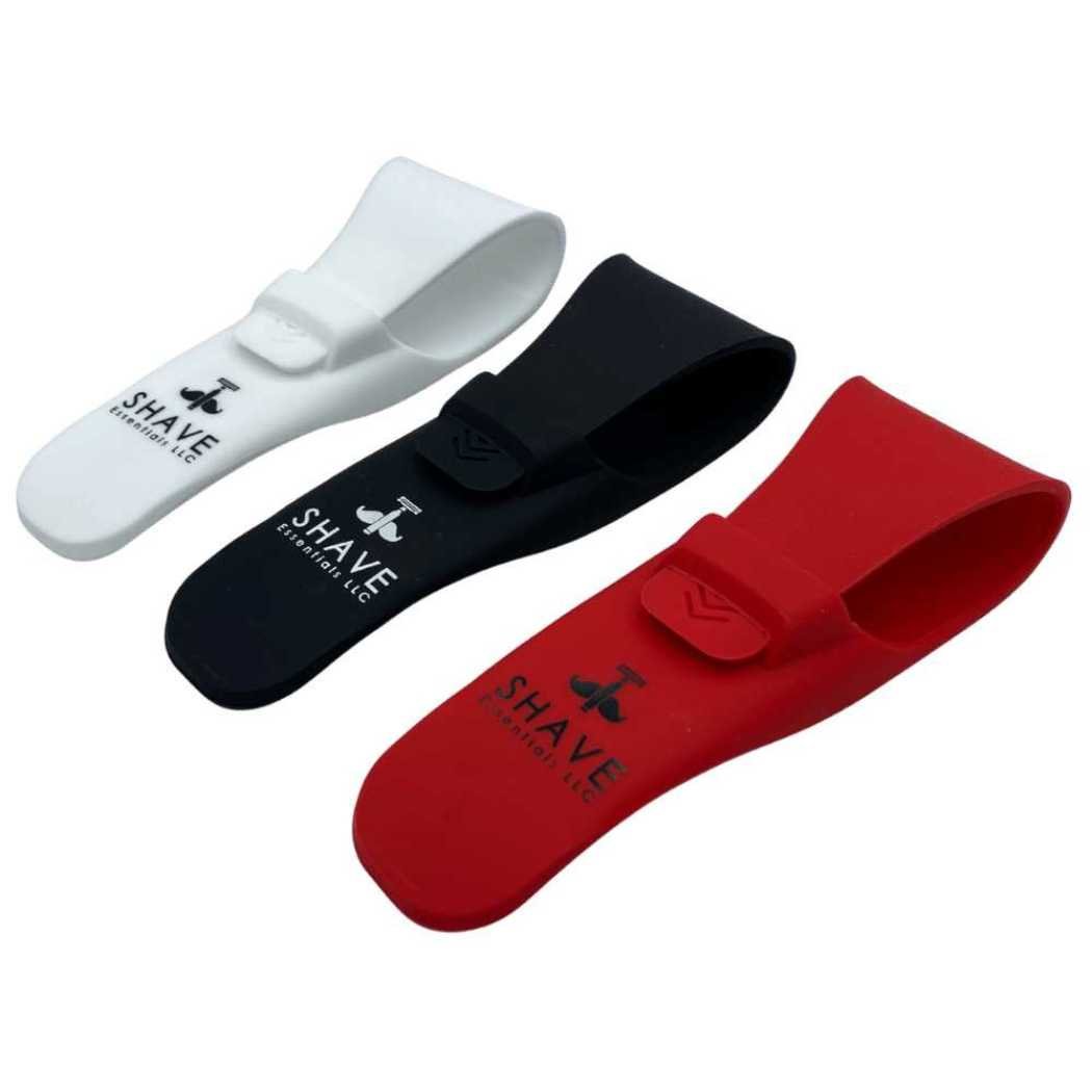 Razor head covers in white, black, and red with SHAVE branding