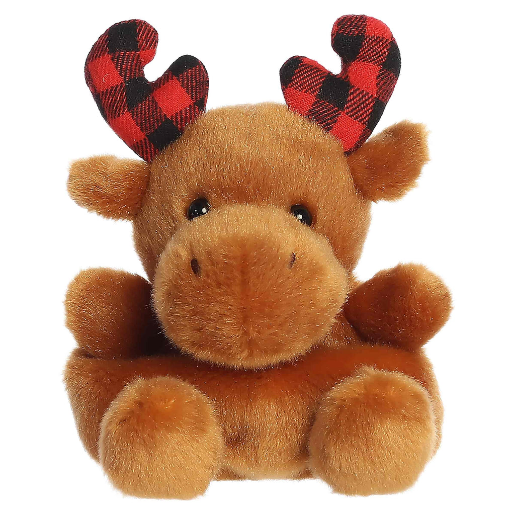 Plush moose stuffed animal with tan face and red plaid antlers, sitting