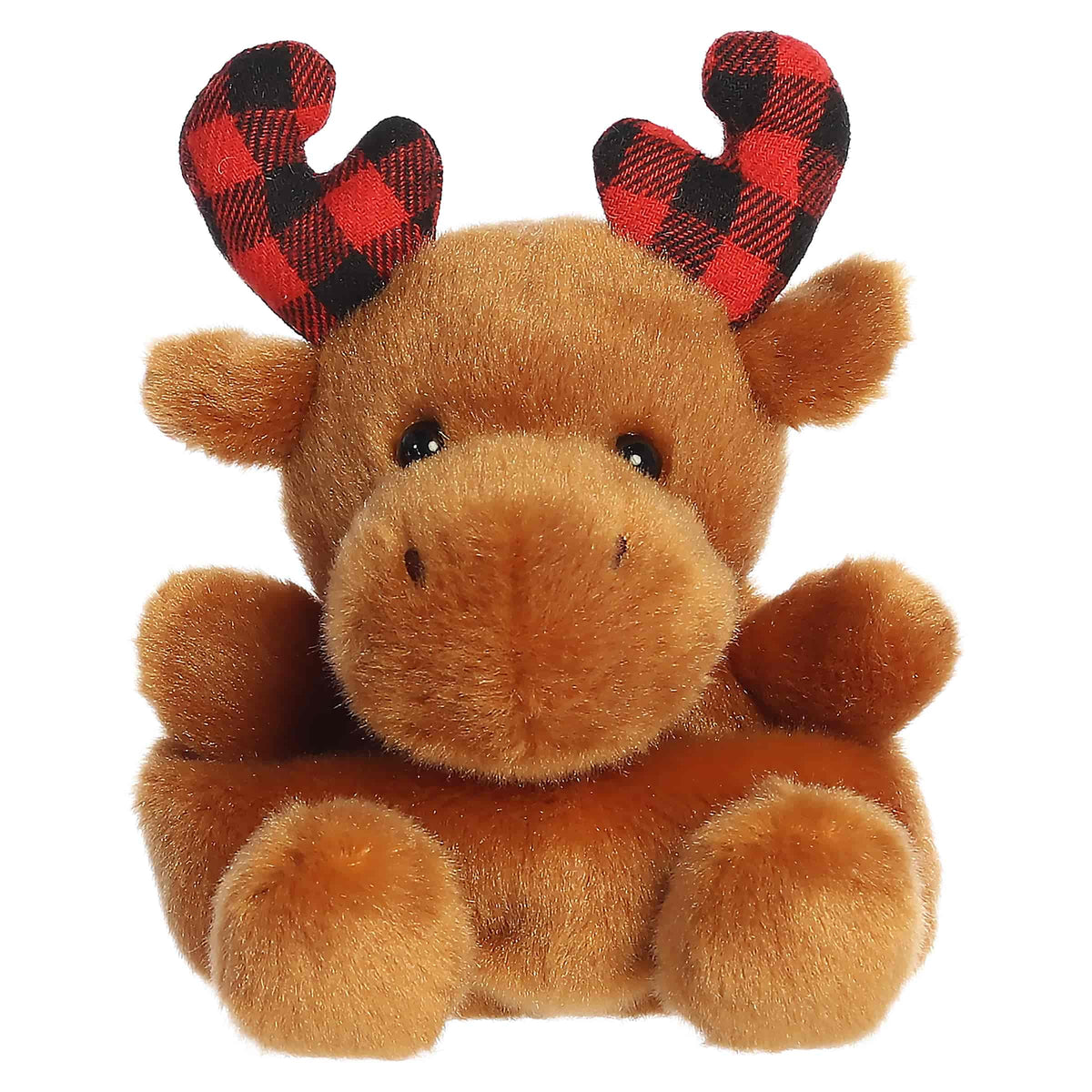 Plush moose stuffed animal with tan face and red plaid antlers, sitting