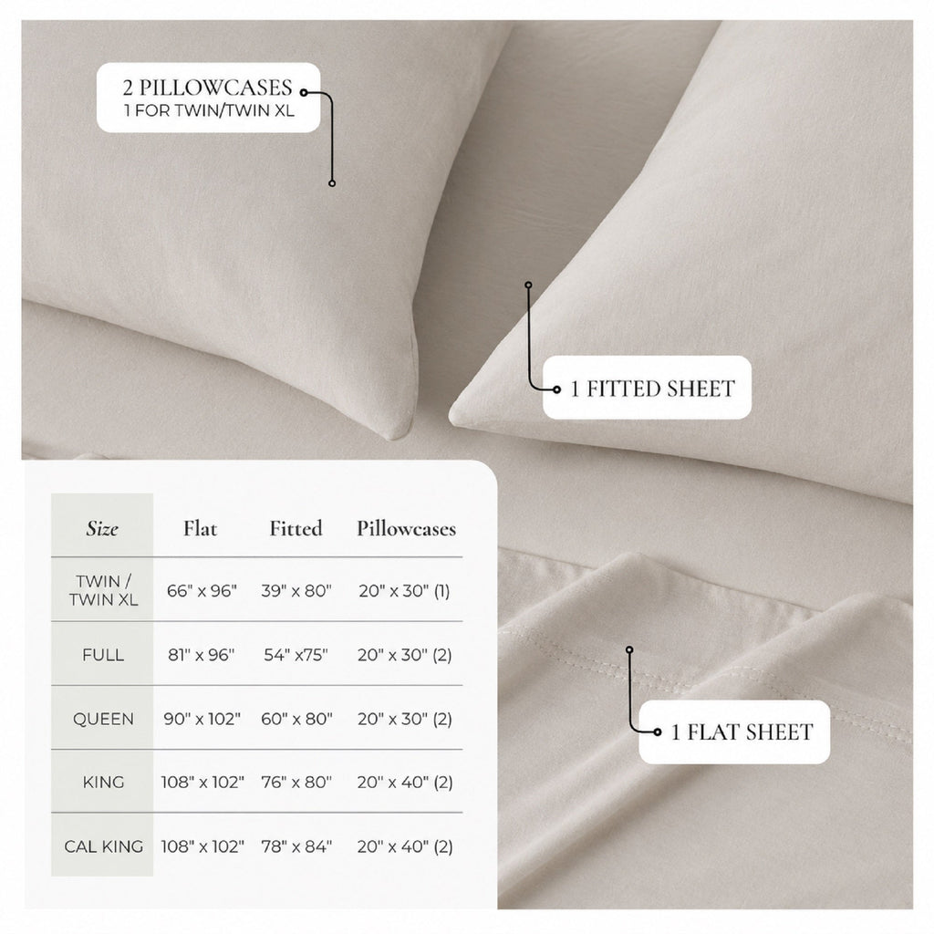 Sand jersey knit sheet set size chart with flat and fitted sheets