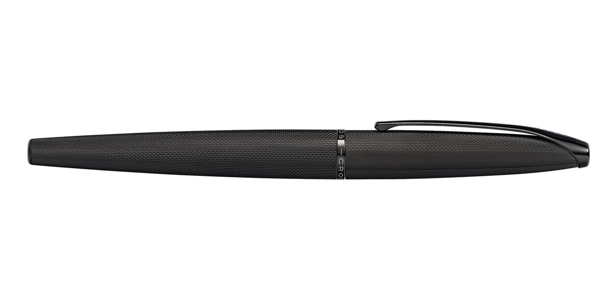Brushed black fountain pen side view with fine nib tip and clip detail