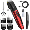Cordless pet grooming clipper kit with black-red trimmer, combs, blade guards, scissors