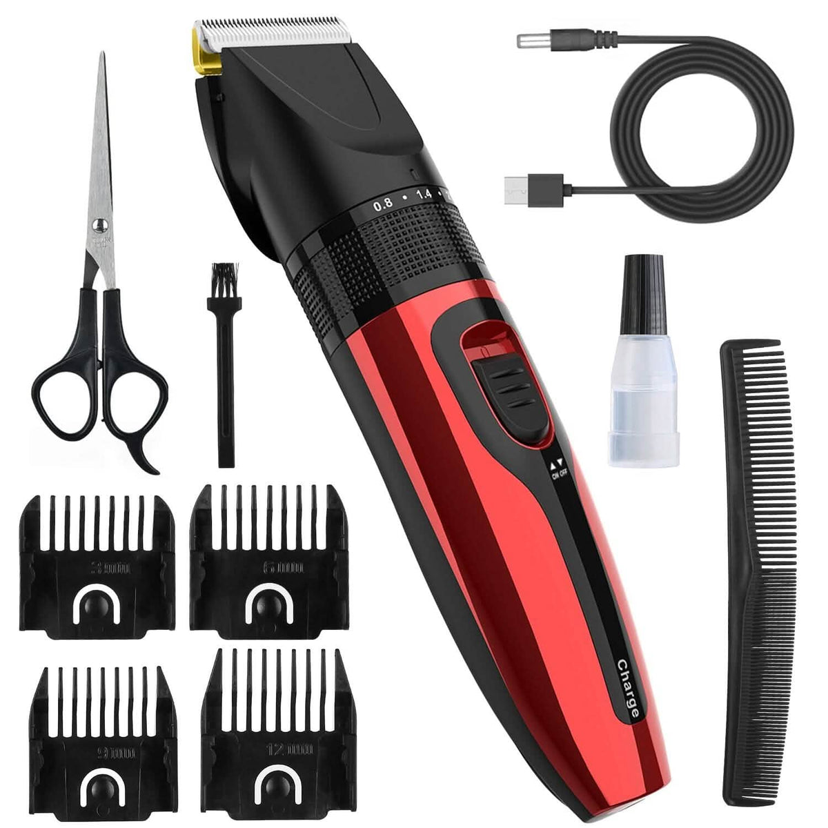 Cordless pet grooming clipper kit with black-red trimmer, combs, blade guards, scissors
