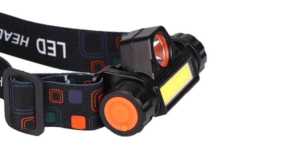 Compact black LED headlamp with adjustable strap, orange control button, and COB bar