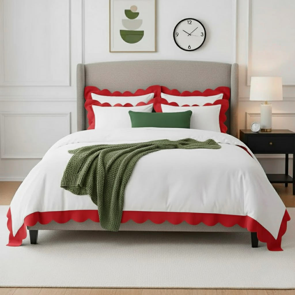 Wavy applique cotton duvet cover set with red scalloped border