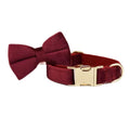 Burgundy velvet dog bow collar with gold buckle