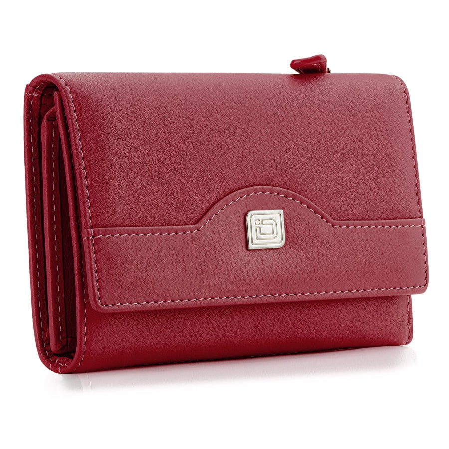 Red women’s leather trifold wallet with snap flap and metal logo on front