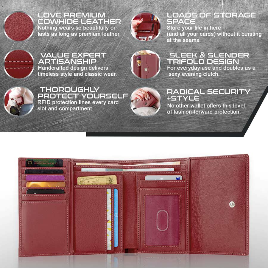 Red trifold wallet interior layout with card slots and ID window
