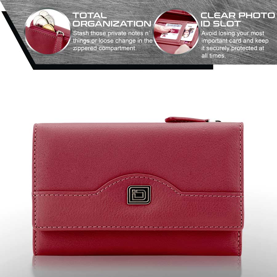 Red women’s leather trifold wallet front with snap closure and metal emblem