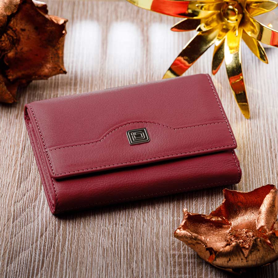 Red women’s leather trifold wallet with snap flap and stitched front panel