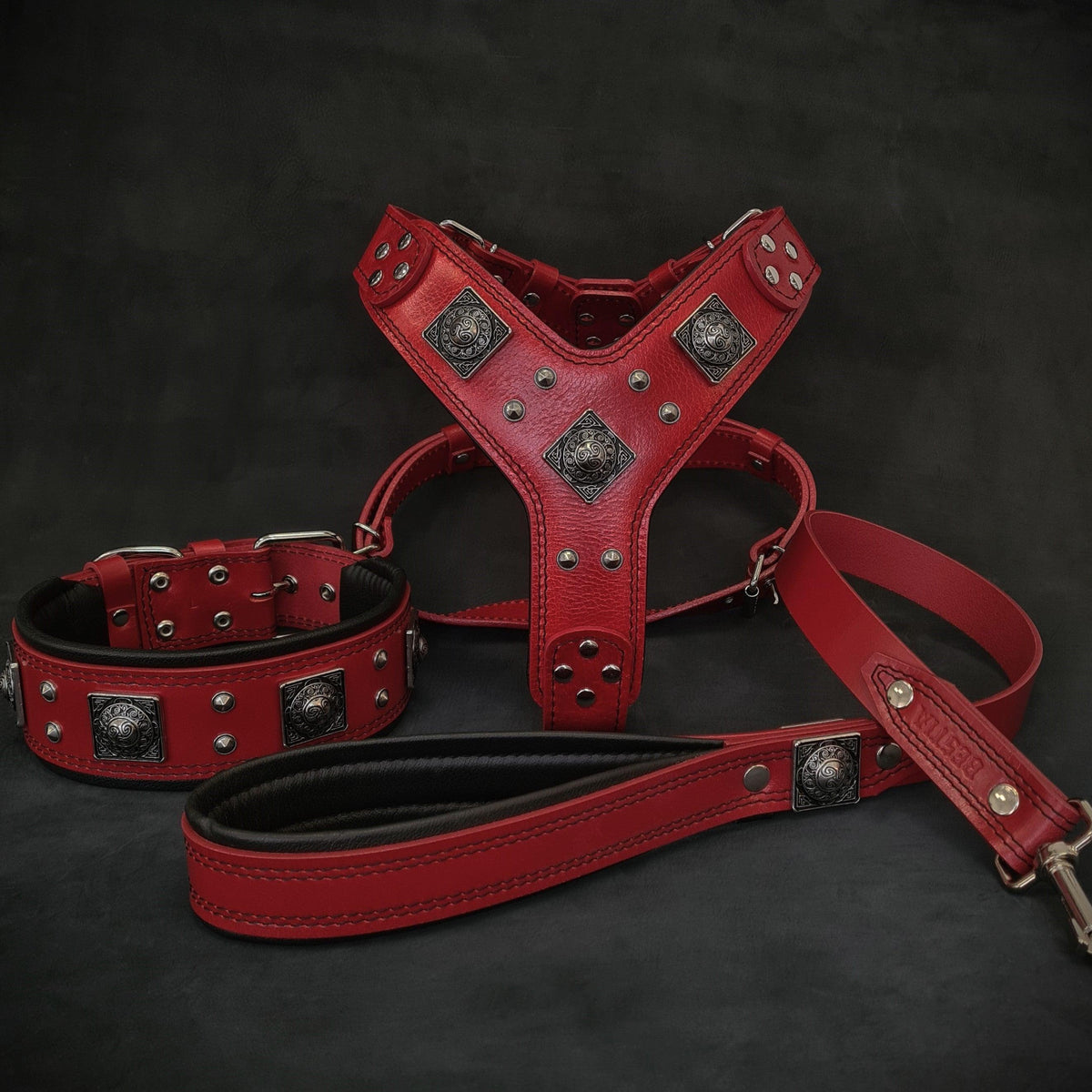 Red dog harness, collar and lead set with metal studs and buckles