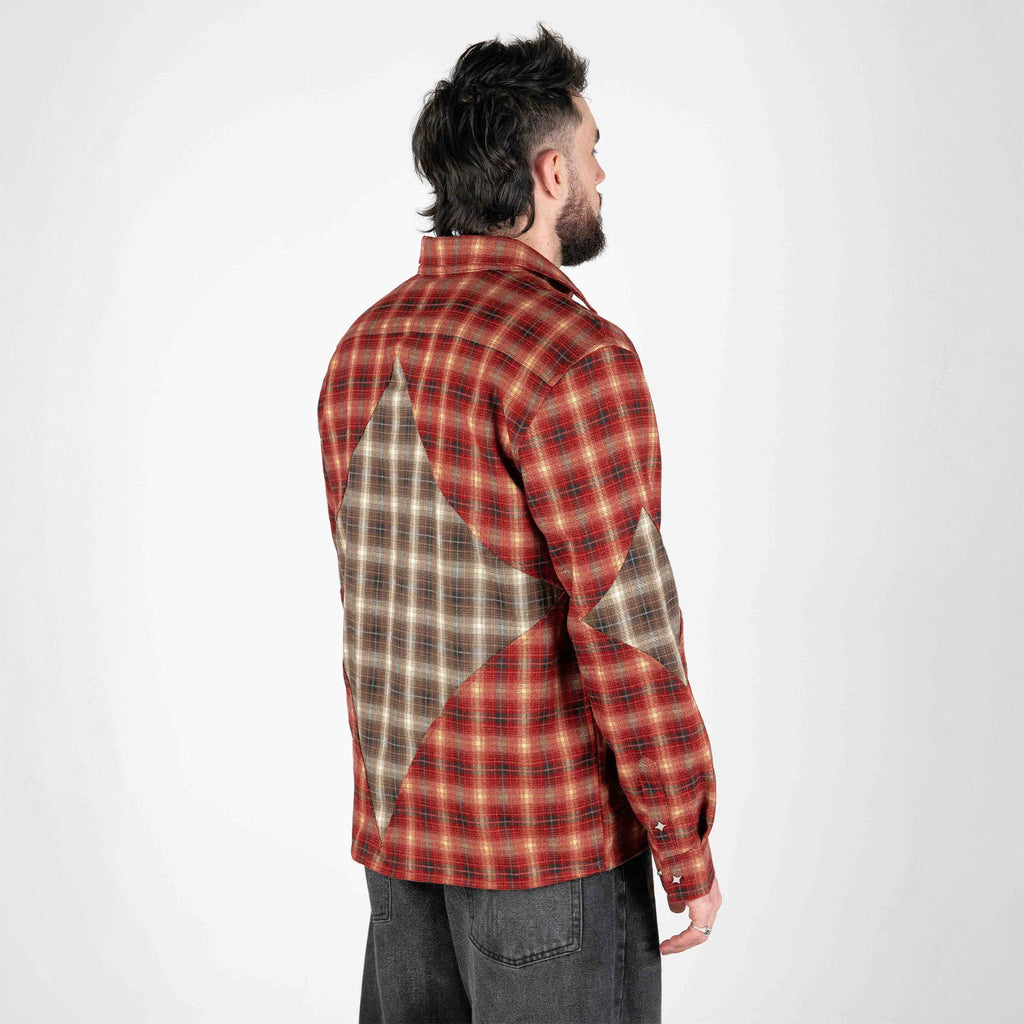 Red plaid zip-up flannel jacket back view, showing sleeve and shoulder seam
