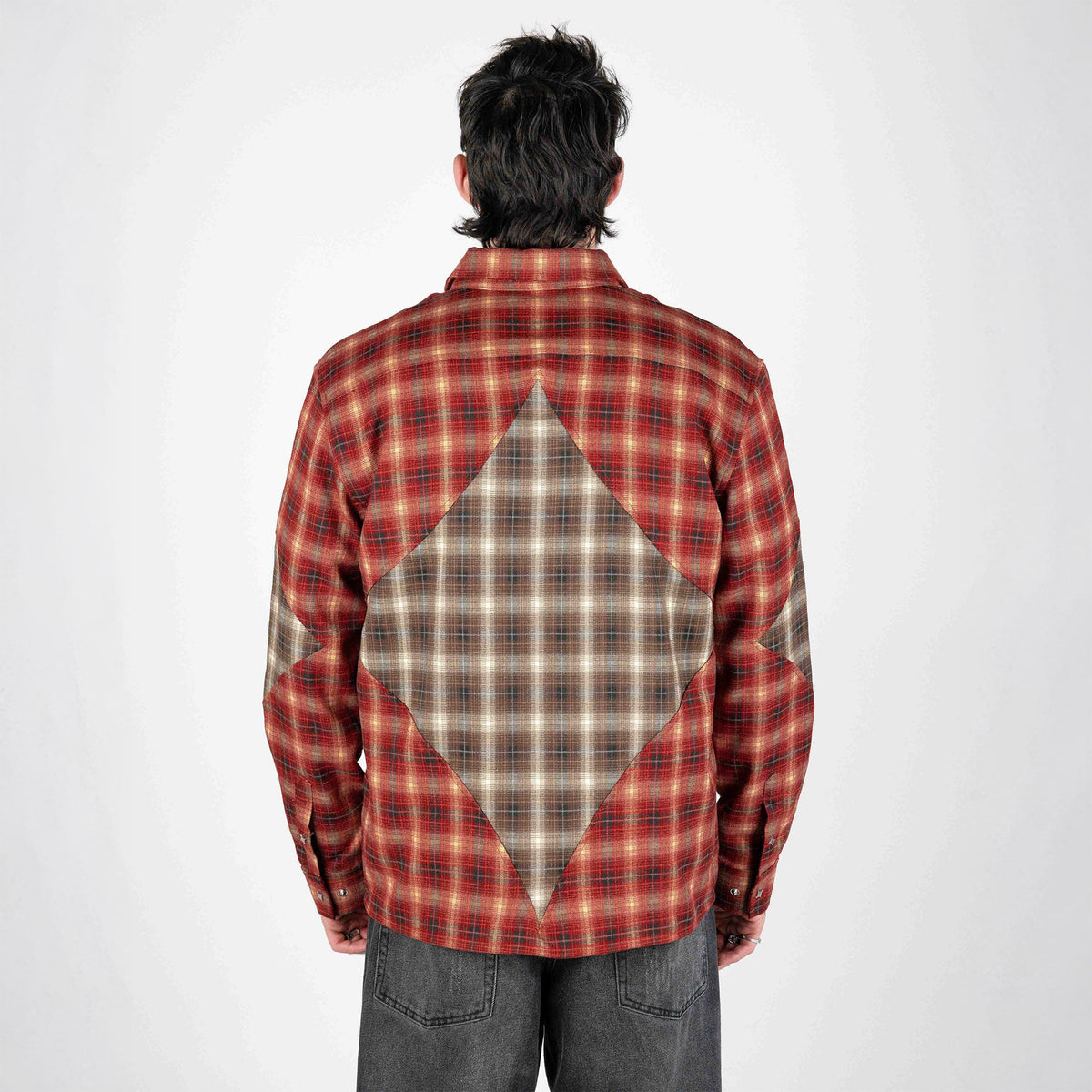Red plaid zip-up flannel jacket viewed from back, with stand collar