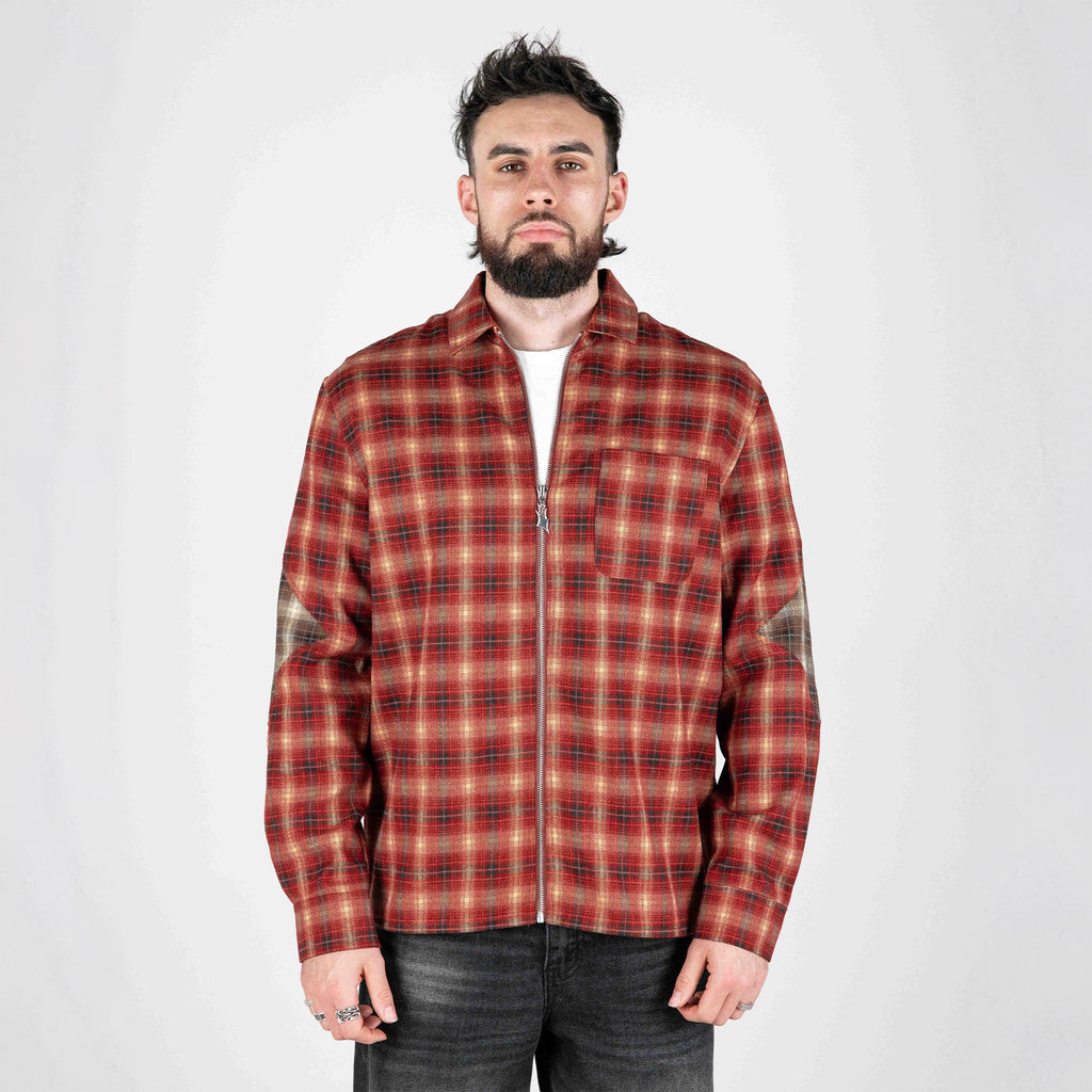 Red plaid zip-up flannel jacket with stand collar and full-length zipper