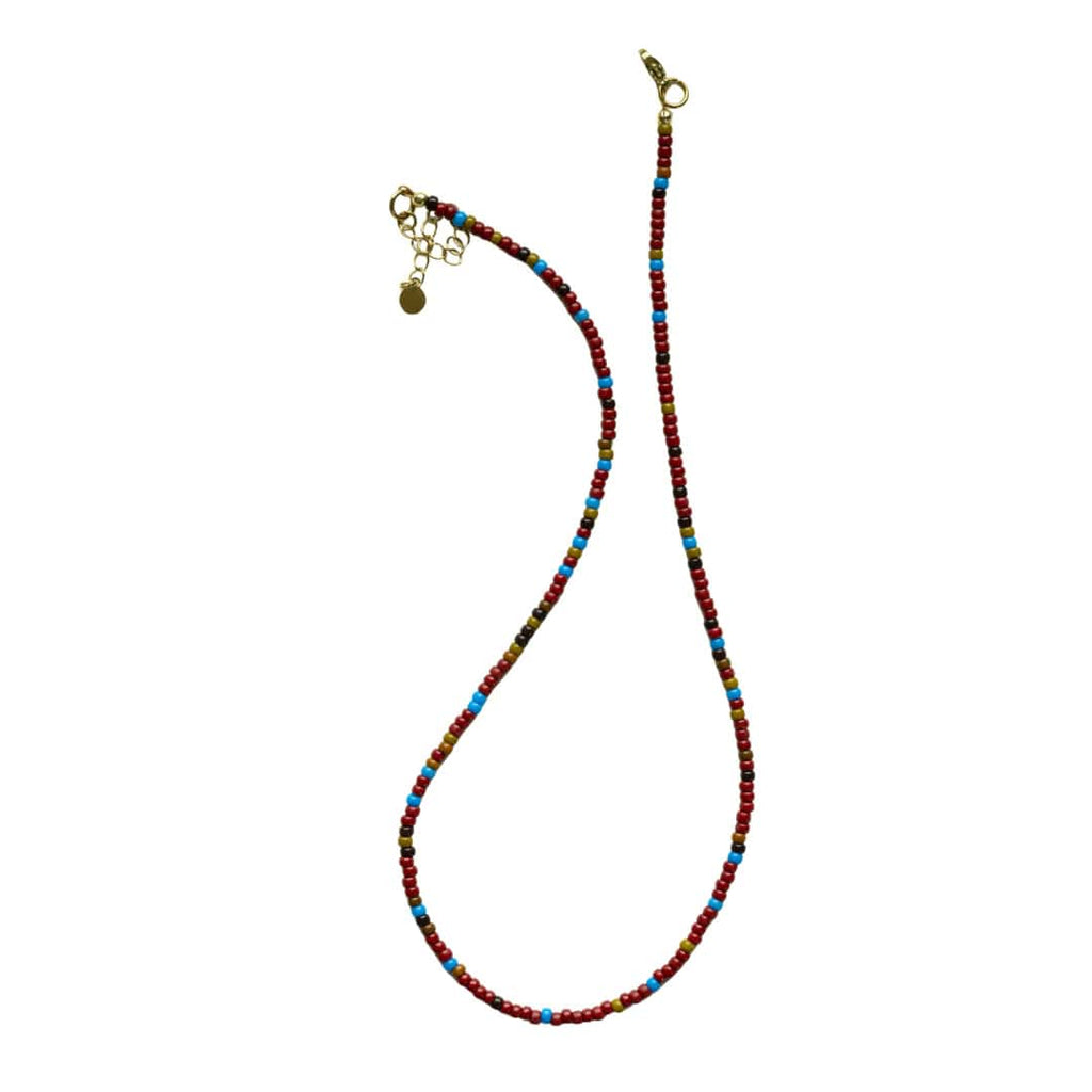 Multicolor seed-bead necklace with gold clasp and small dangling charms.