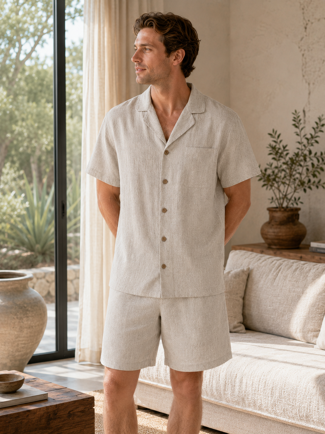 Men's hemp sleep set, light beige short-sleeve button shirt with matching shorts.