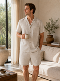 Men's hemp sleep set: light beige short-sleeve button-up shirt and matching shorts.