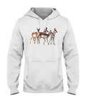 White pullover hoodie with deer graphic, drawstring hood, and kangaroo pocket