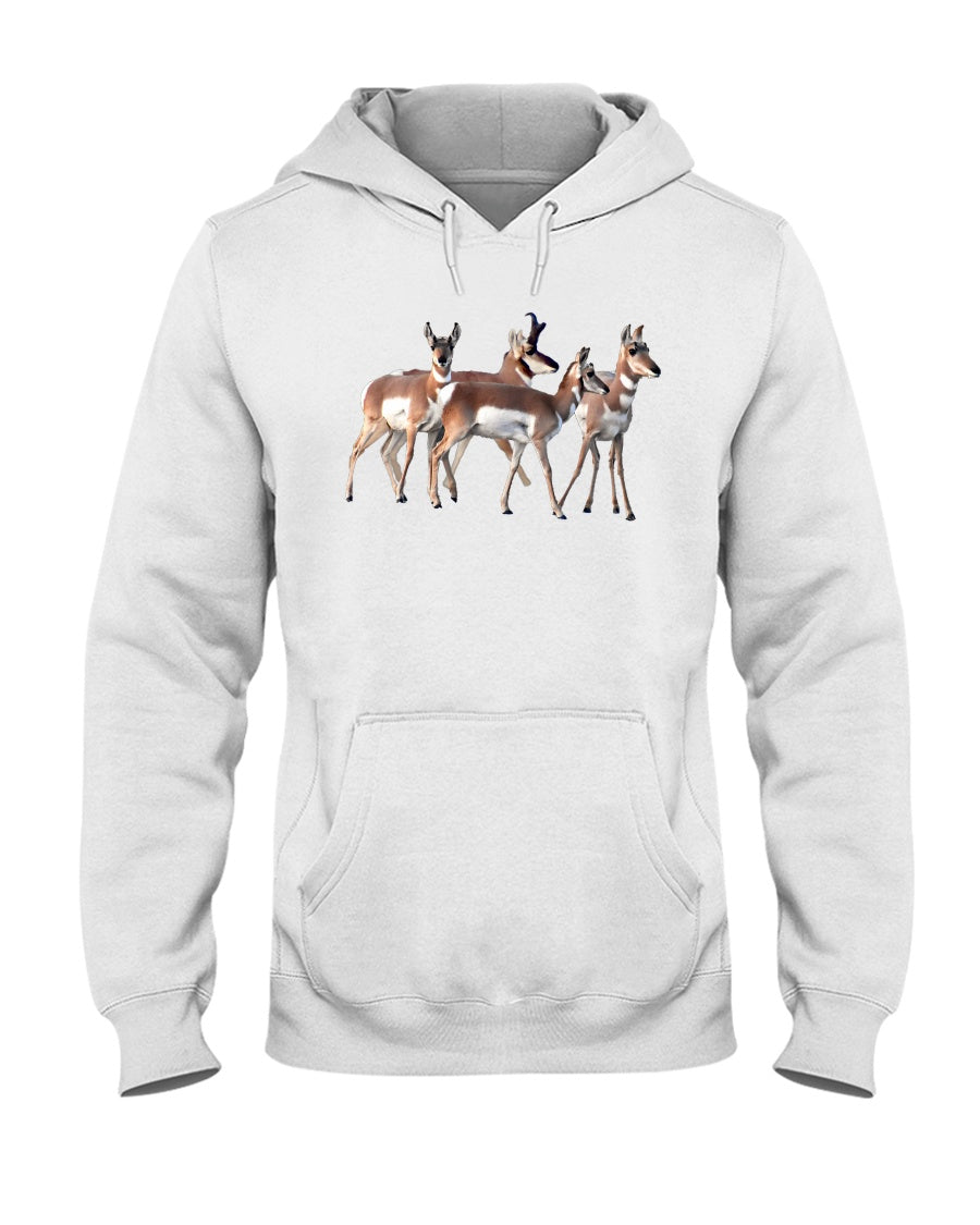 White pullover hoodie with deer graphic, drawstring hood, and kangaroo pocket